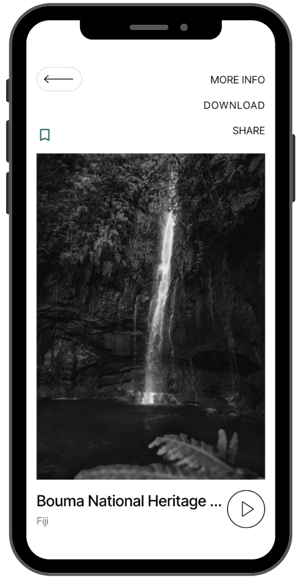 An iPhone mockup showing the WILDSOUND app interface. The screen displays a high-contrast black and white photograph of a tall, narrow waterfall plunging down a rocky cliffside surrounded by dense foliage in Bouma National Heritage Park, Fiji.