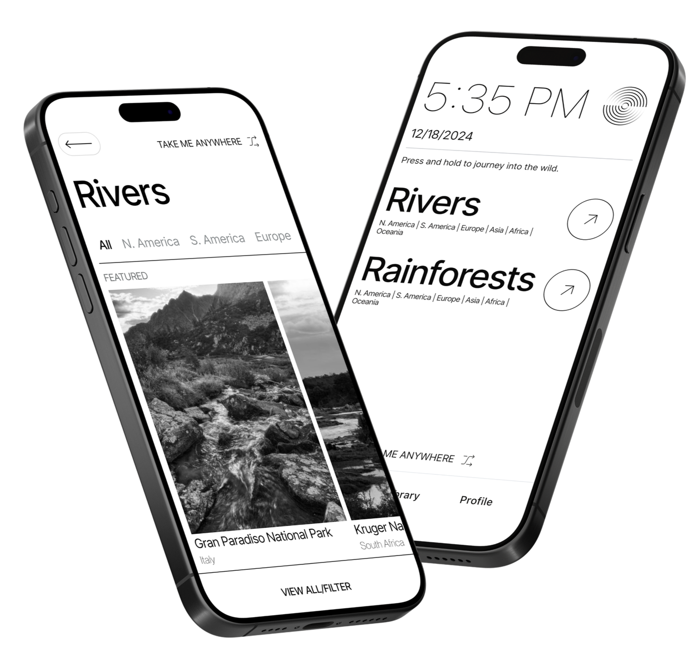 A digital mockup of two iPhones in a minimalist black-and-white design. The phone on the left displays the "Rivers" soundscape navigation with a featured photograph of Gran Paradiso National Park in Italy.