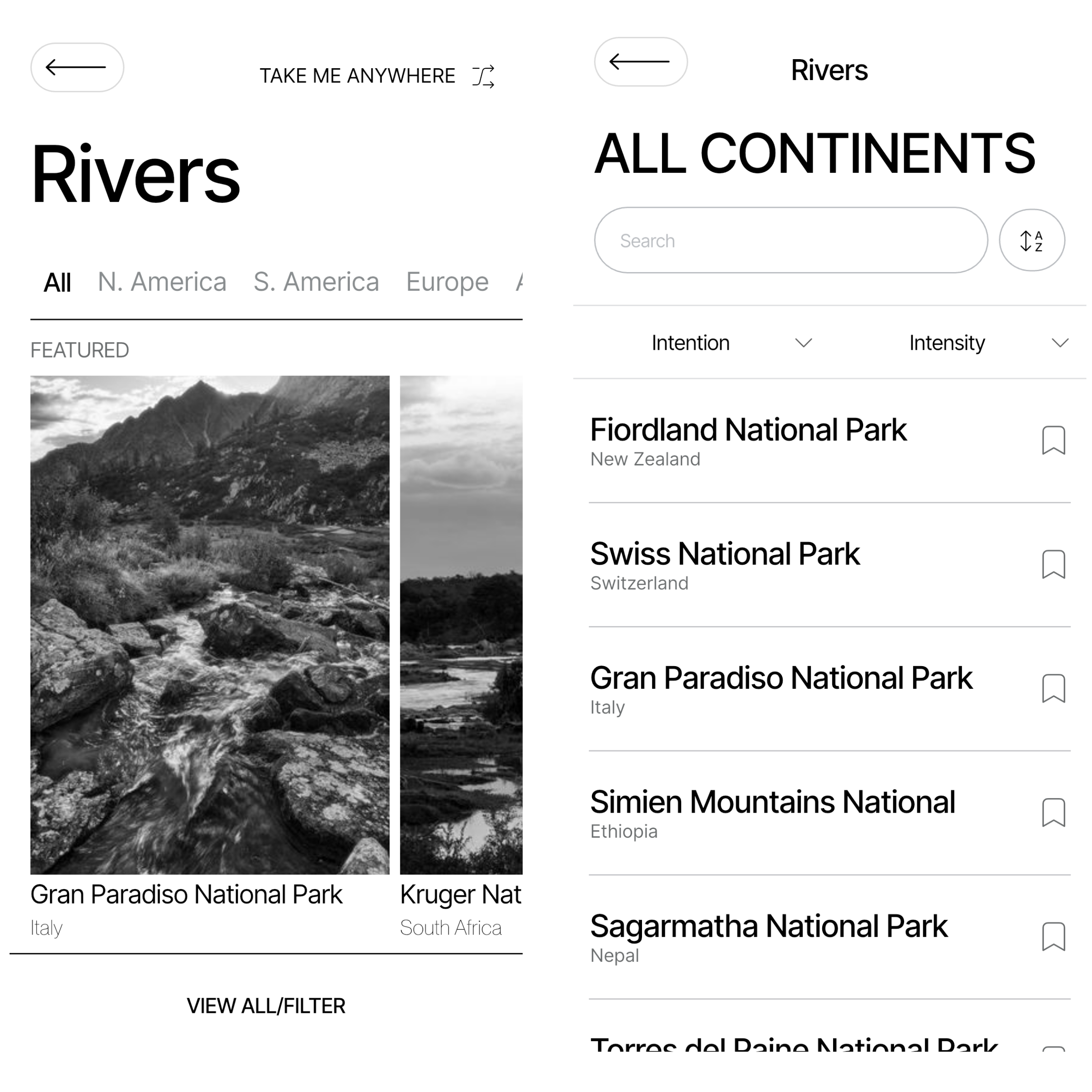 Mobile app layout displaying the "Rivers" category with a featured black and white image of Gran Paradiso National Park on one side, and a clean, searchable list of global river soundscapes on the other.