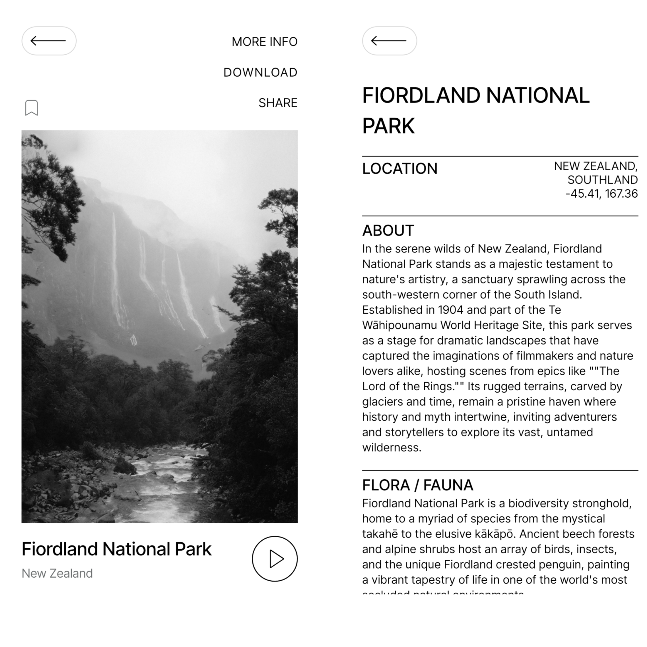 Side-by-side smartphone screens showing the Fiordland National Park soundscape player with a black and white image of misty mountains, paired with its detailed geographic coordinates, history, and flora and fauna metadata.
