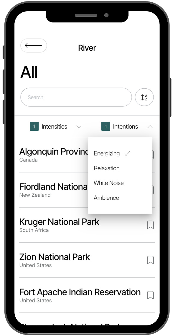 A mobile app search interface for nature sounds featuring a dropdown menu for "Intentions" with options like Energizing, Relaxation, White Noise, and Ambience.