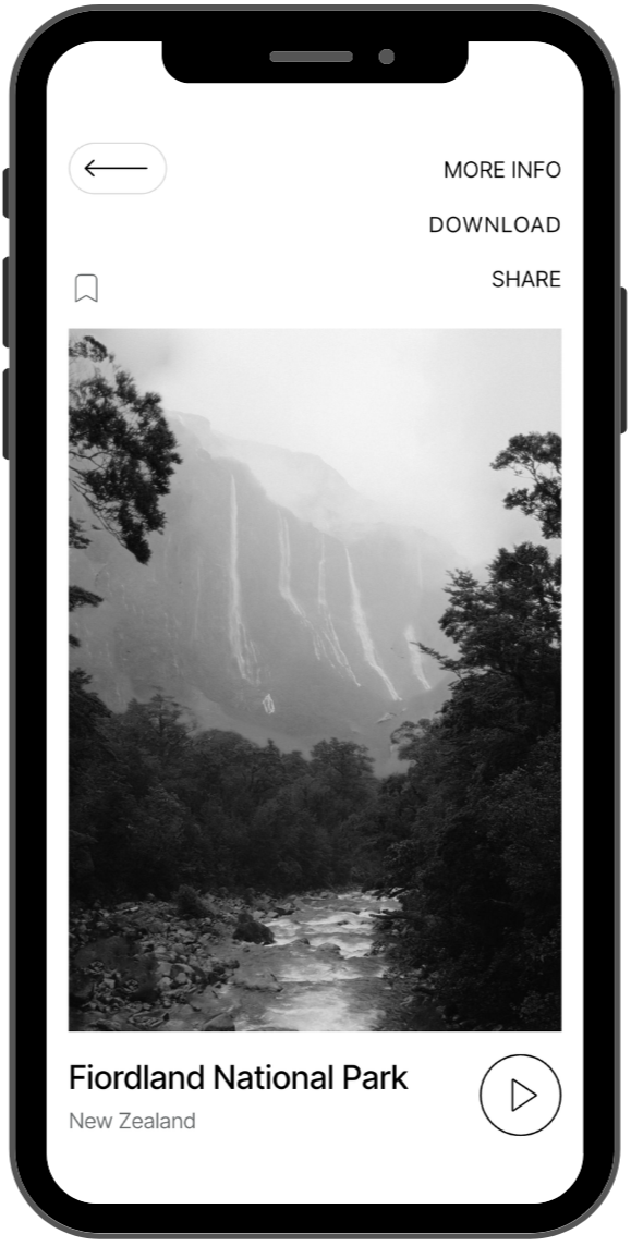 A high-fidelity soundscape player screen for Fiordland National Park, featuring a moody black and white photo of steep, misty cliffs and a rushing river in New Zealand.