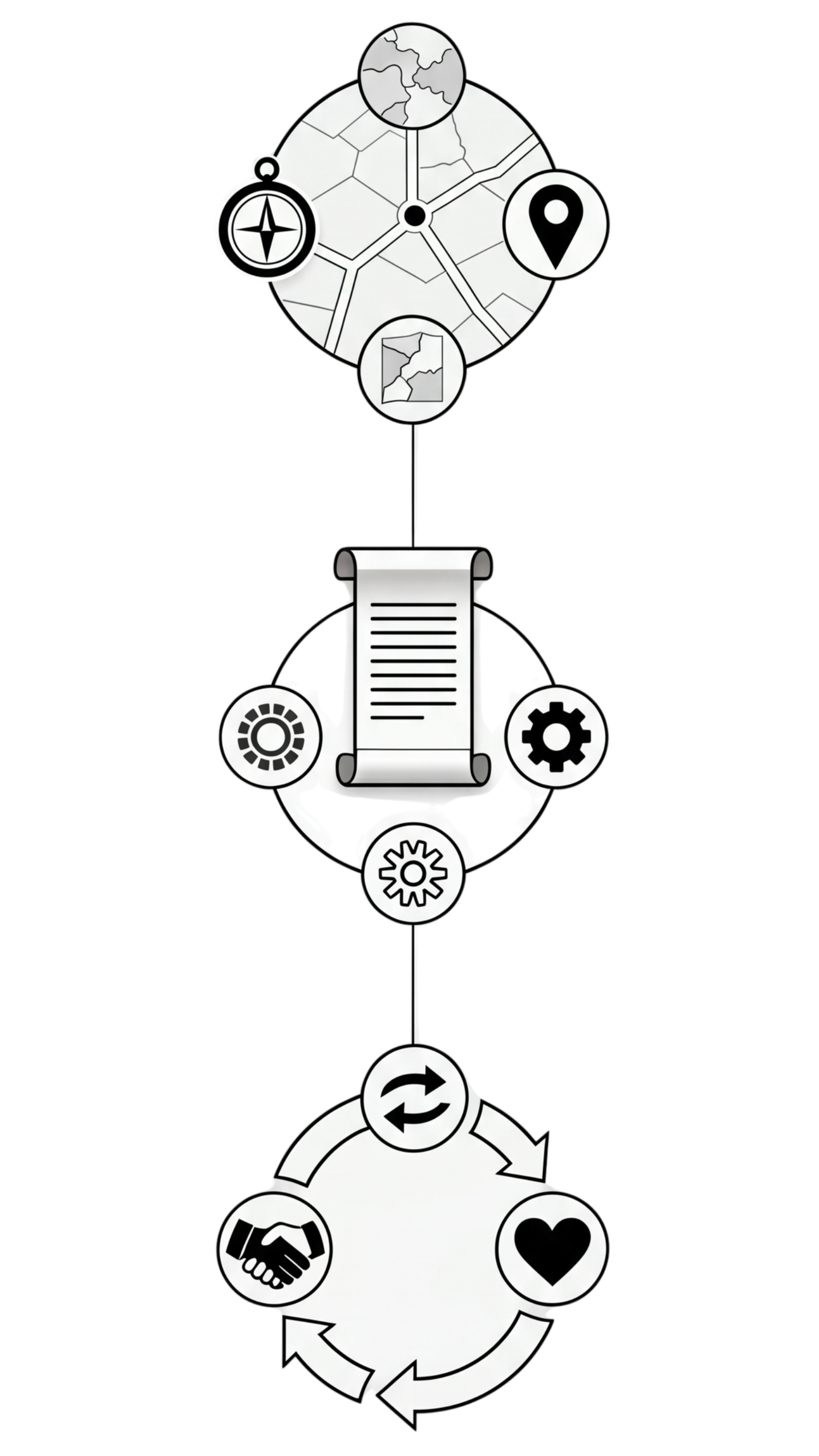 A minimalist, continuous-line style black and white infographic diagram illustrating WILDSOUND's process: selecting a geolocated map coordinate, uncovering the historical and ecological context document, and closing the active conservation loop.