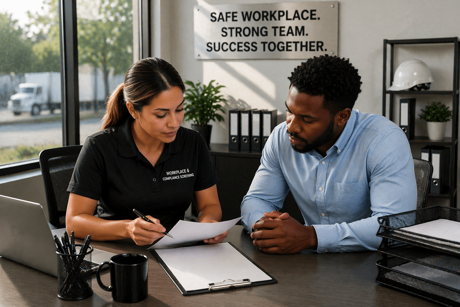 A woman and a man sitting at a desk in an office, reviewing documents together. The woman is wearing a black polo shirt that reads 'Workplace & Compliance Screening' and the man is wearing a light blue shirt. Behind them is a sign that says 'Safe Workplace. Strong Team. Success Together.'