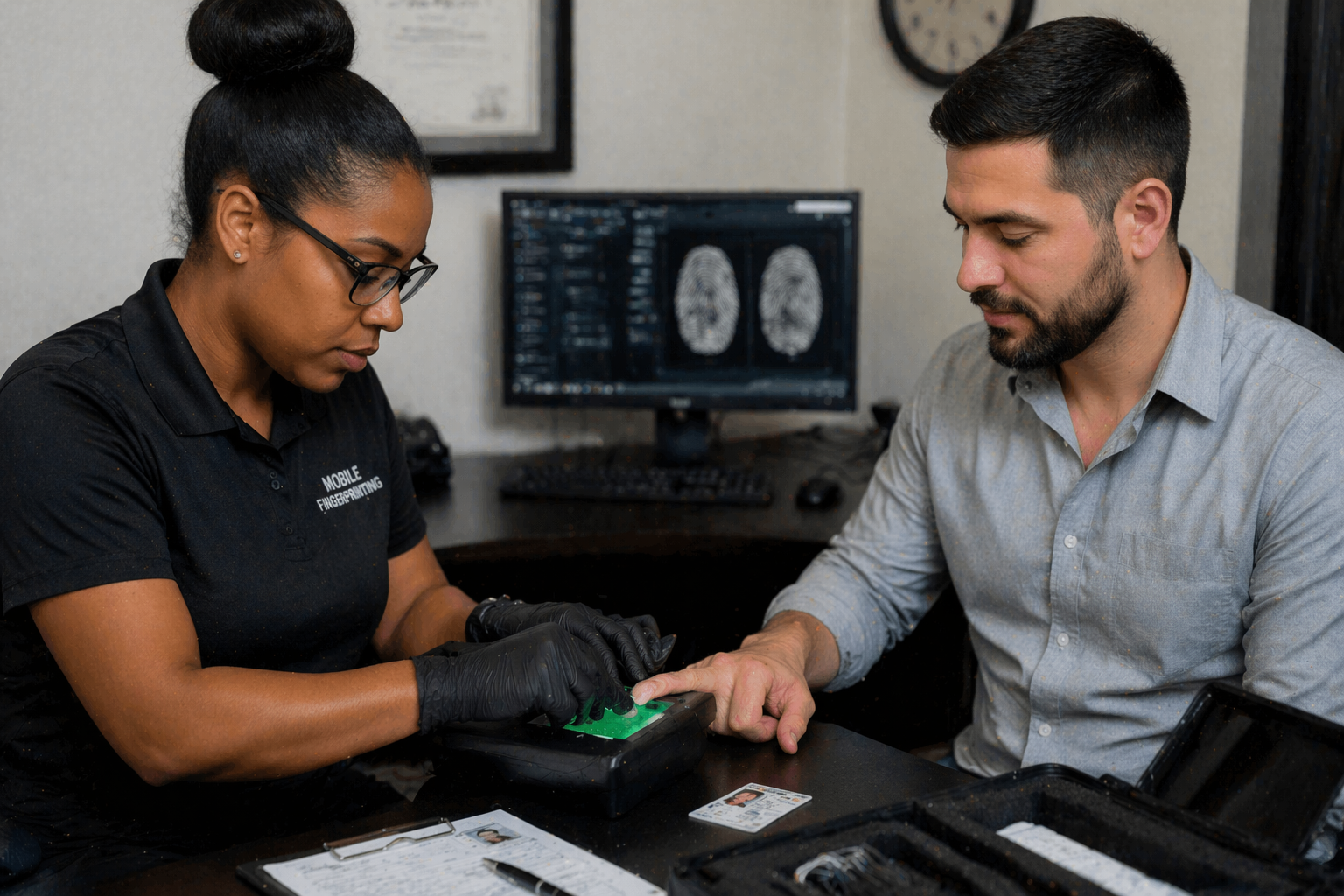A woman and a man at a desk examining a fingerprint scanning device, with fingerprint images displayed on a computer screen in the background.