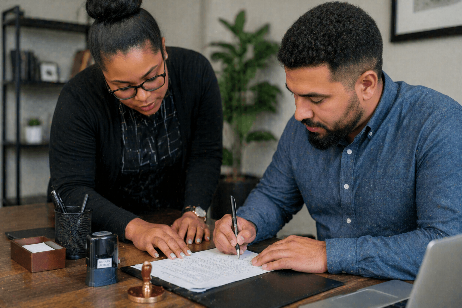 A man and a woman work together at a desk, reviewing and signing documents.