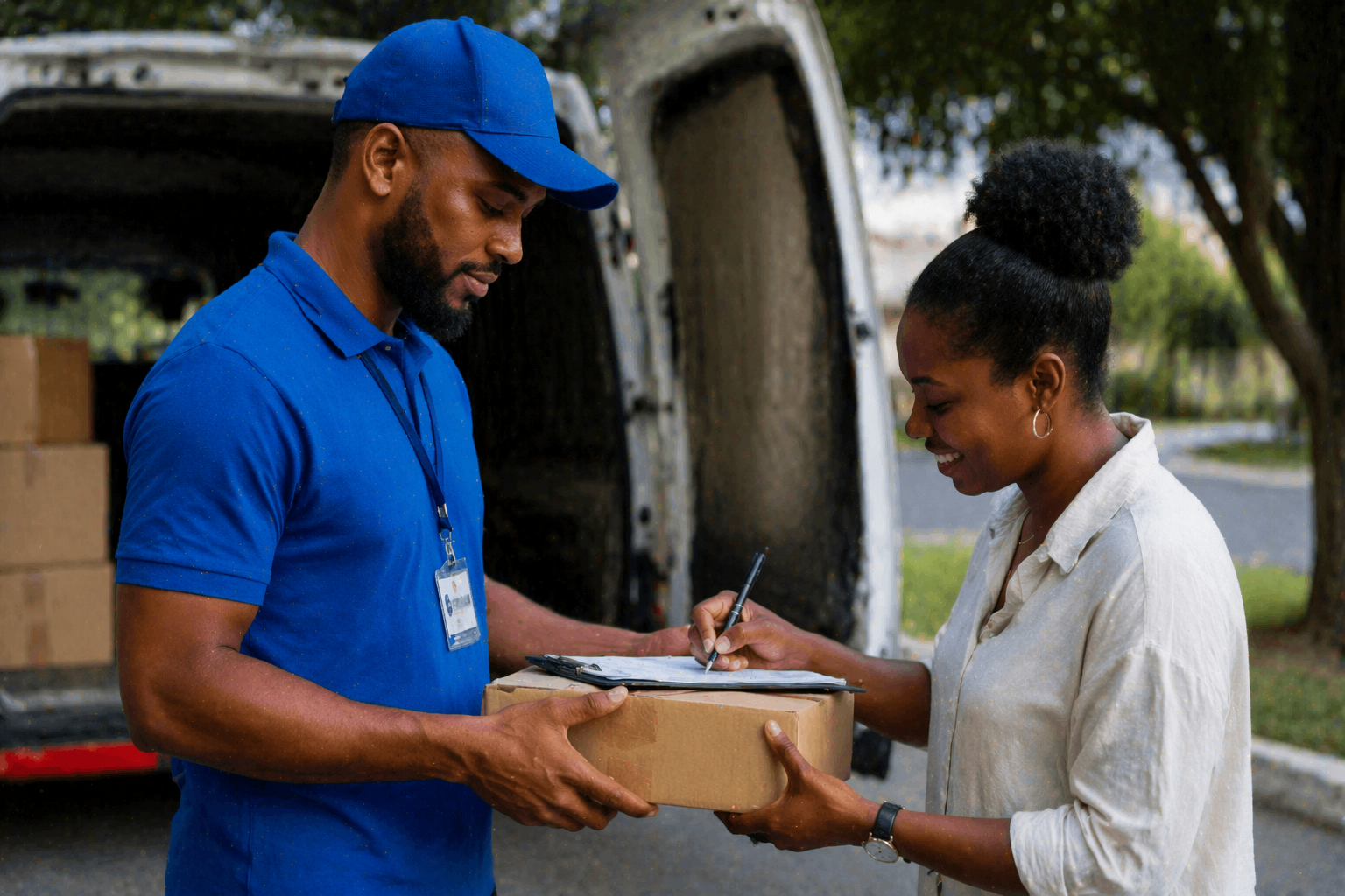 Delivery person in a blue uniform signing for a package from a smiling woman in a white shirt outside near a delivery van.