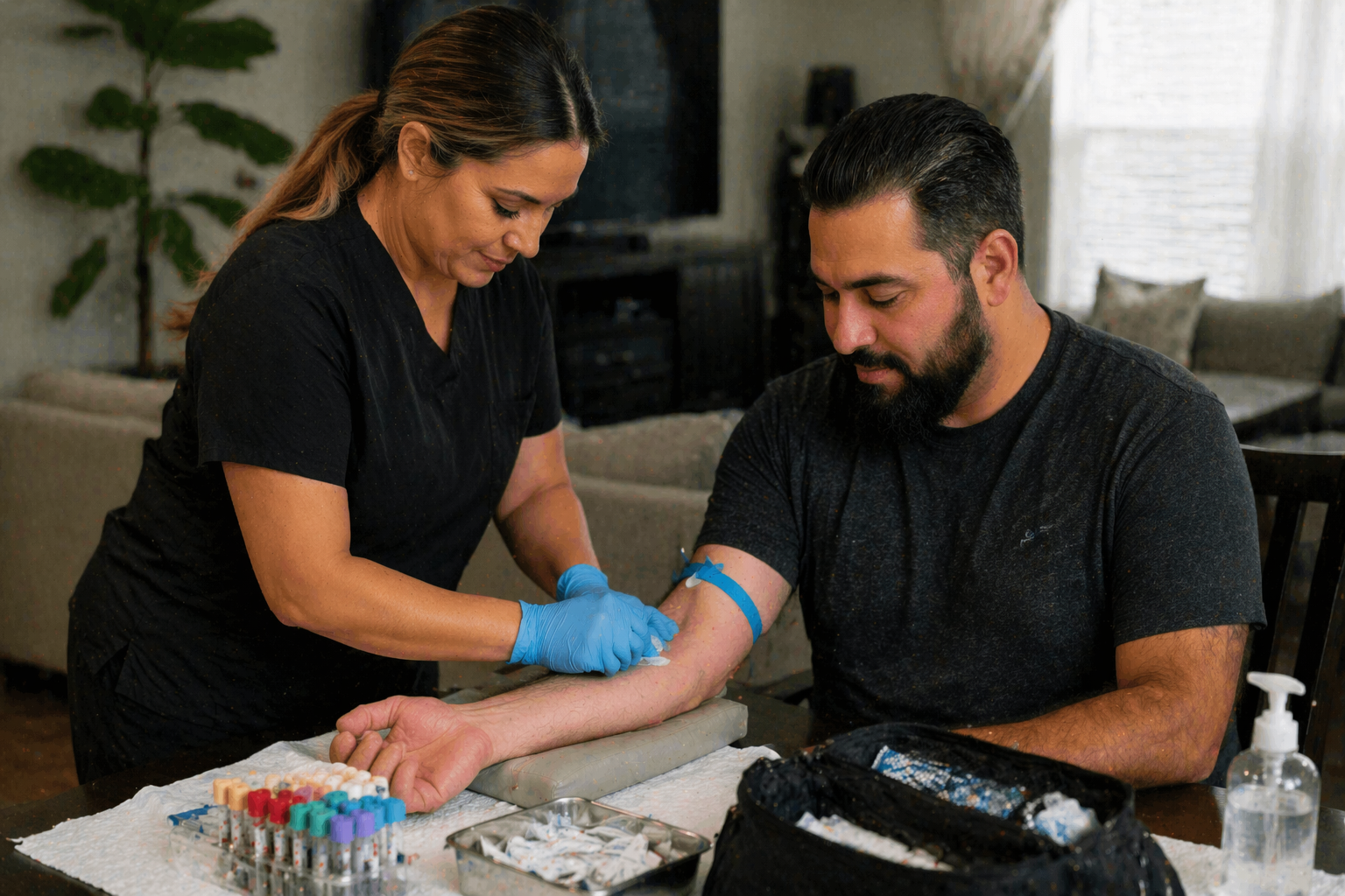 A woman wearing blue gloves is drawing blood from a man's arm, who is seated at a table. The woman appears focused on her task, and the man is sitting calmly with his arm extended. The table has vials, a syringe, and medical supplies.