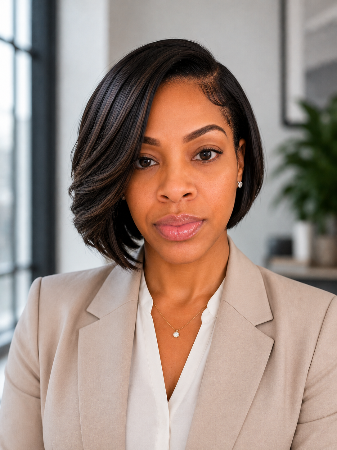 A professional woman with shoulder-length dark hair styled in loose waves, wearing a beige blazer, white blouse, and a delicate gold necklace, sitting in an office environment.