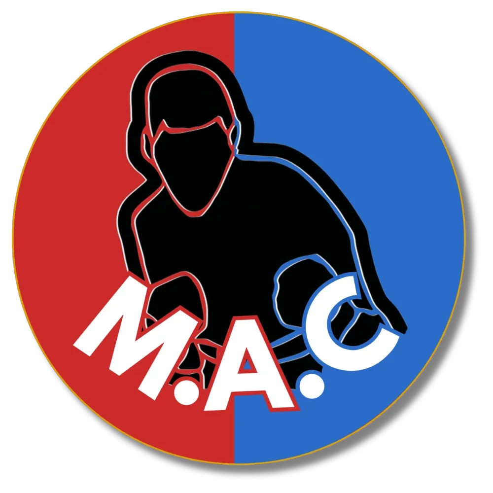 Melrose Athletic Club M.A.C. circular logo with boxing figure in red and blue