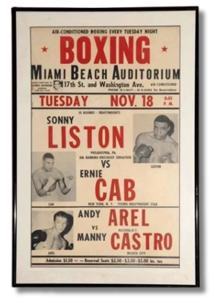 Vintage boxing poster for Sonny Liston vs Ernie Cab at Miami Beach Auditorium, Tuesday November 18, 10 rounds heavyweights