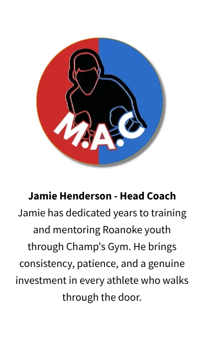 Logo featuring a stylized outline of a person in black, divided into red and blue halves, with the letters 'M', 'A', and 'C' in white with red and blue accents surrounding the figure.