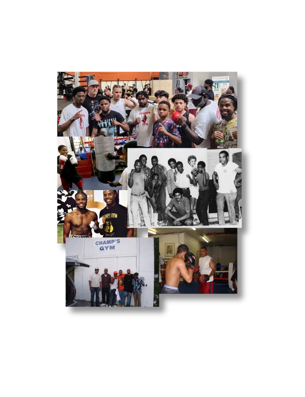 A collage of photos showing a diverse group of people, mostly young men, at a boxing gym. The photos include people training, posing with boxing gloves, and group photos outside and inside the gym.