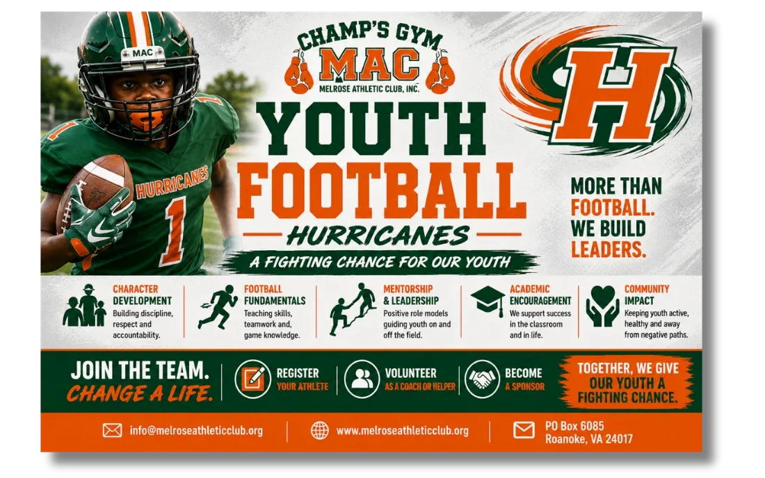 M.A.C. Hurricanes Youth Football program flyer for Melrose Athletic Club, Inc. featuring character development, football fundamentals, mentorship, academic encouragement, and community impact programs in Roanoke, Virginia