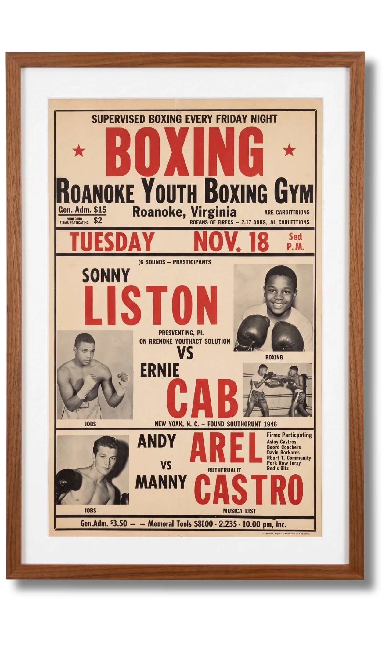 Vintage Roanoke Youth Boxing Gym fight poster featuring Sonny Liston Champs Gym history Roanoke Virginia