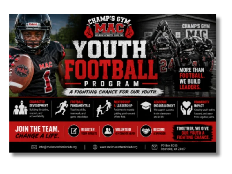M.A.C. Youth Football Program enrollment flyer for Champ's Gym at Melrose Athletic Club in Roanoke Virginia