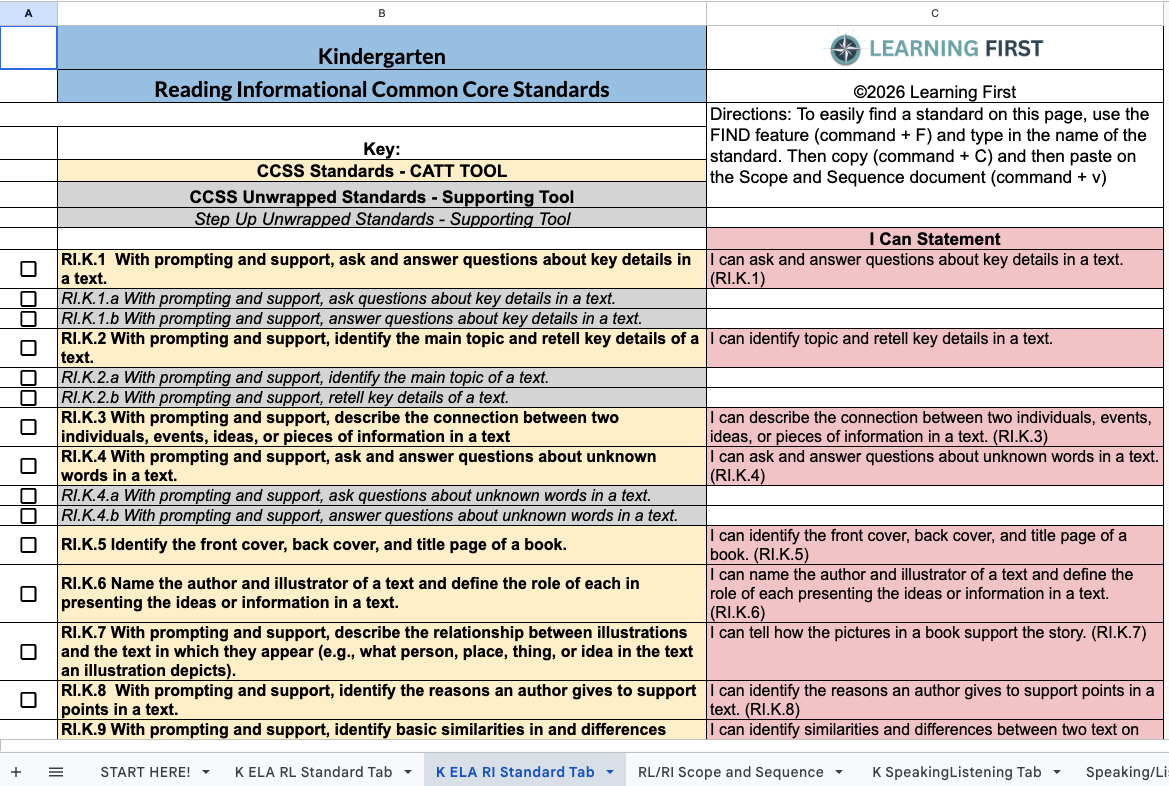 Each Subject has all standards listed in its own tab. 