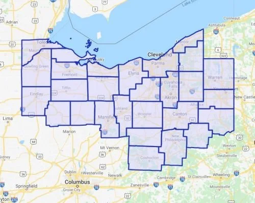 Map of Ohio highlighting counties served by Dog Guard of Ohio for out of sight fencing installation and underground dog fence services