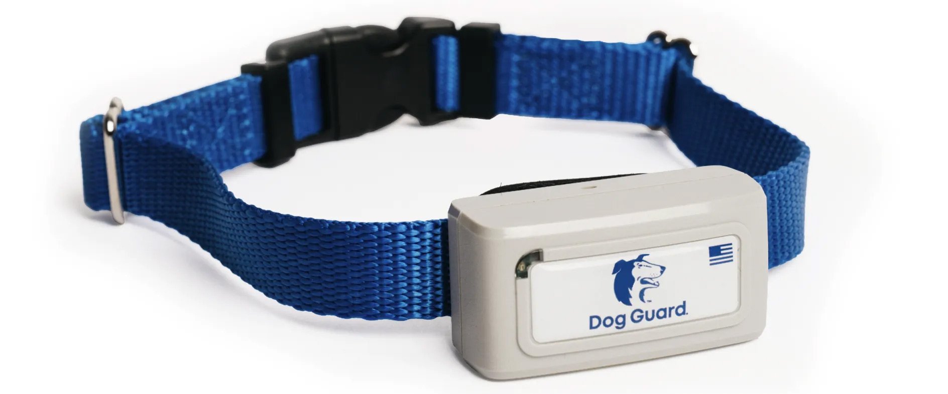 Dog Guard FreedomPro collar with adjustable blue strap highlighting out of sight fencing system features including rechargeable battery and water resistance