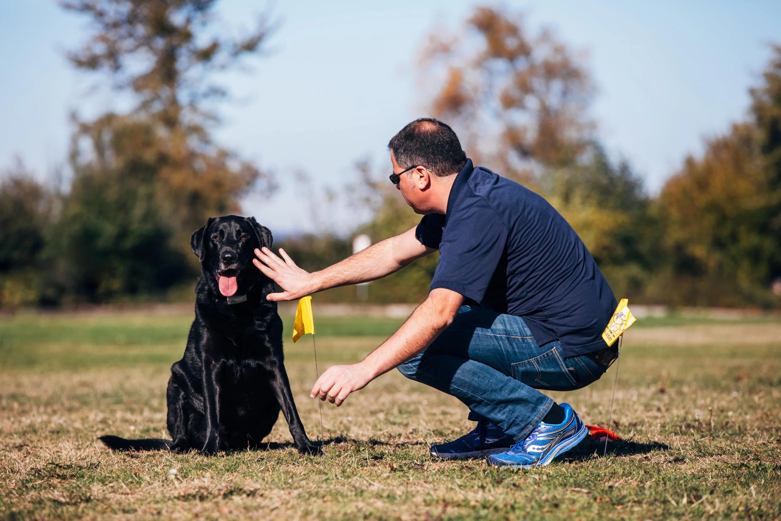 A man kneeling on the grass interacts with a black Labrador retriever sitting in front of him during an outdoor event on a sunny fall day.