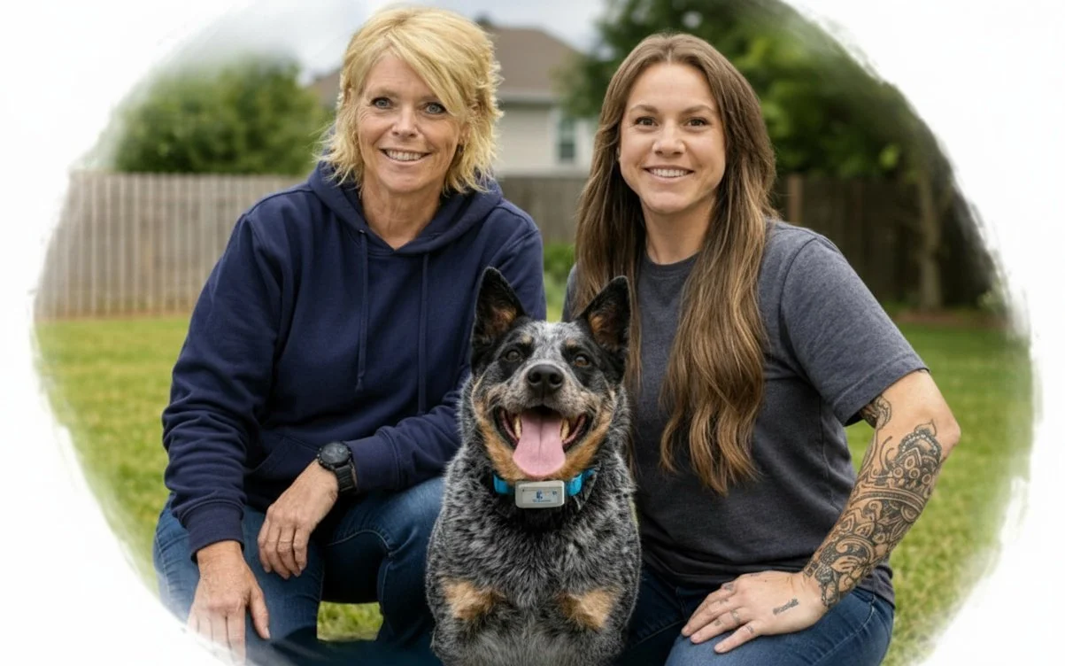 two women sitting in a backyard with a dog sitting in front of them smiling