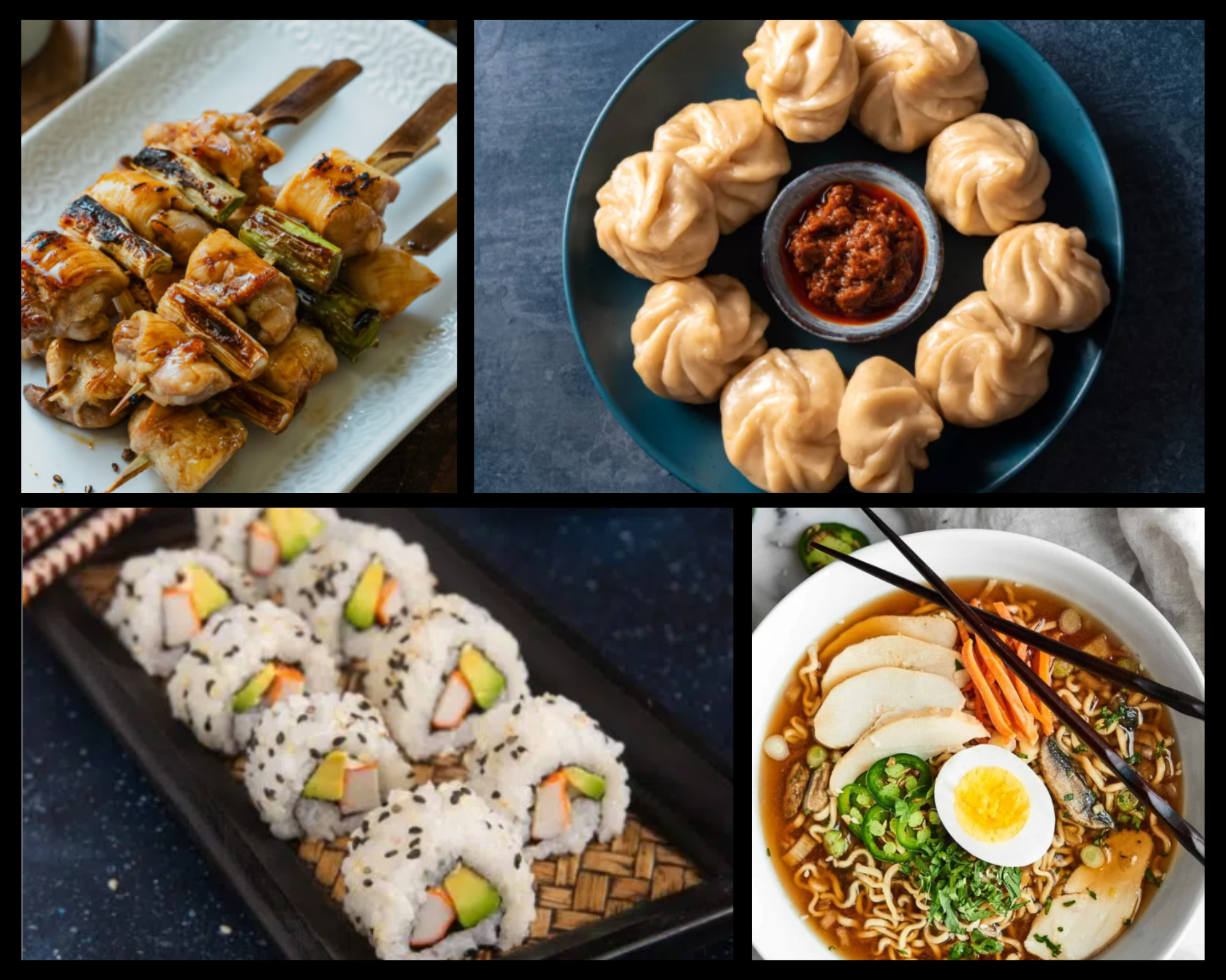 Verschiedene asiatische Gerichte, darunter Sushi, Suppen, Dumplings und gegrillter Chicken-Spiess.