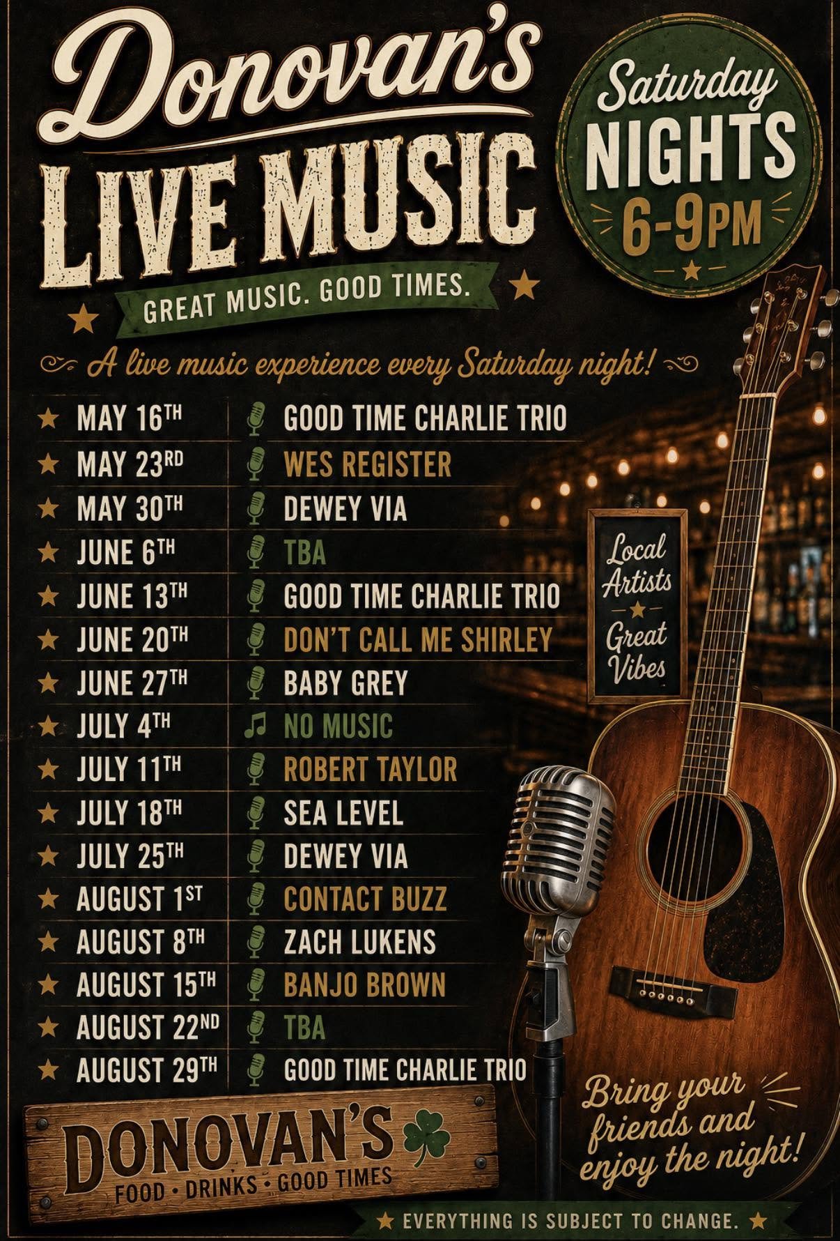 Saturday live music lineup at Donovan's Irish Pub & Restaurant featuring local musicians and weekly performances in St. Augustine, Florida.