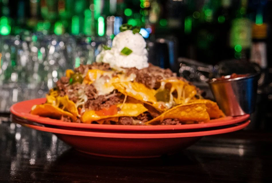Irish nachos topped with corned beef, cheese sauce, jalapeños, and scallions at Donovan's Irish Pub & Restaurant in St. Augustine, Florida.