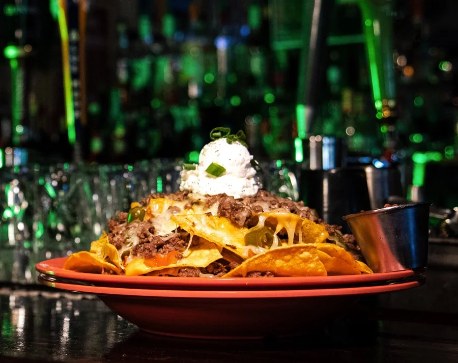 Irish nachos topped with corned beef, cheese sauce, jalapeños, and scallions at Donovan's Irish Pub & Restaurant.