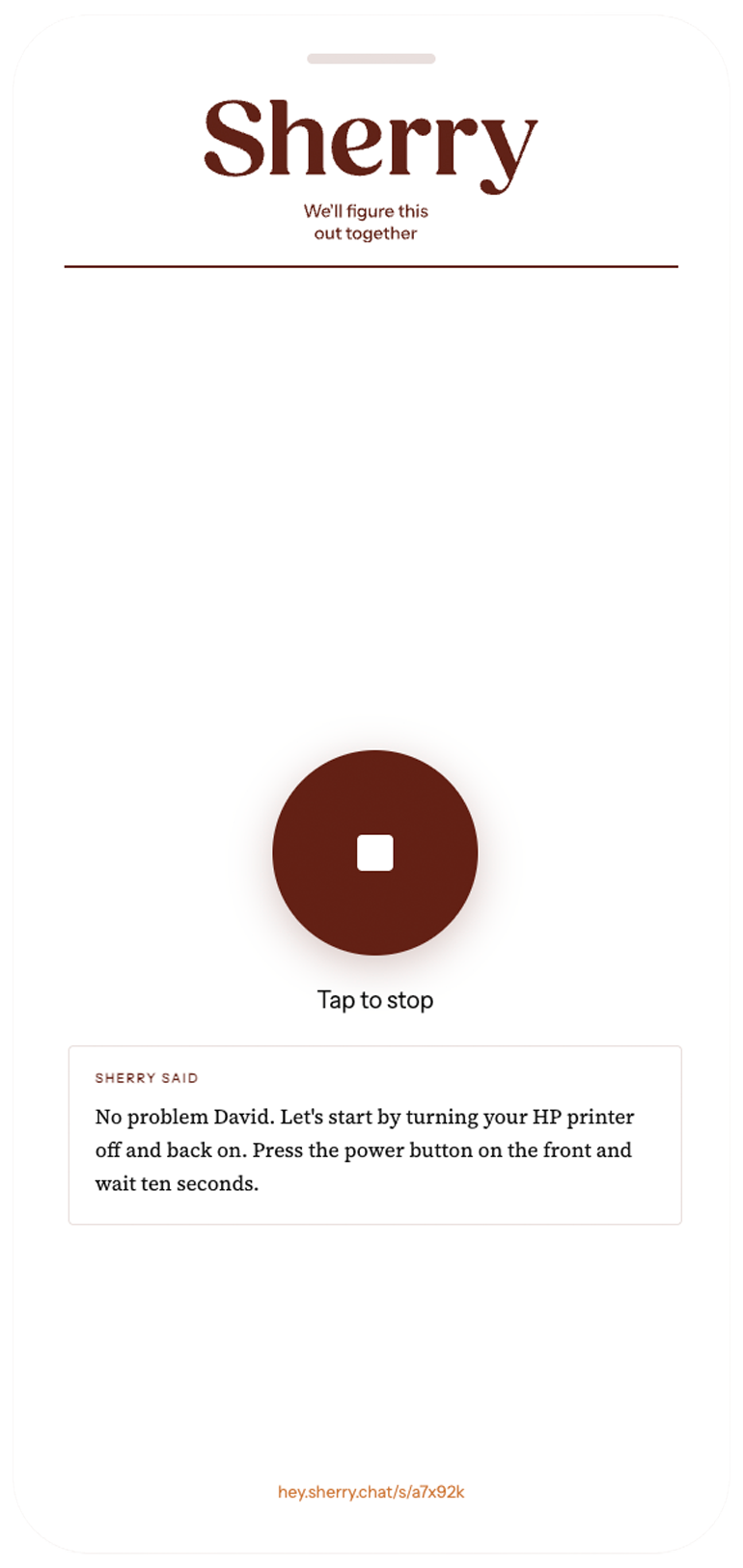 Mobile phone screen showing a sherry chatbot with a large circular button, instructing to tap to stop, and a message about troubleshooting an HP printer.