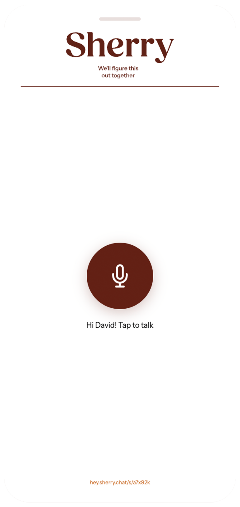 Sherry app interface with a large microphone icon and text saying 'Hi David! Tap to talk'.