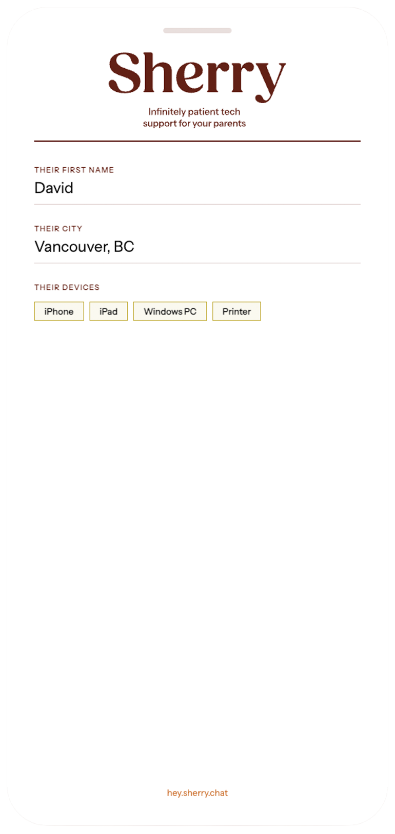 A mobile app screen titled "Sherry" offering tech support for parents with fields for first name, city, and devices including iPhone, iPad, Windows PC, and Printer, with a website link at the bottom.