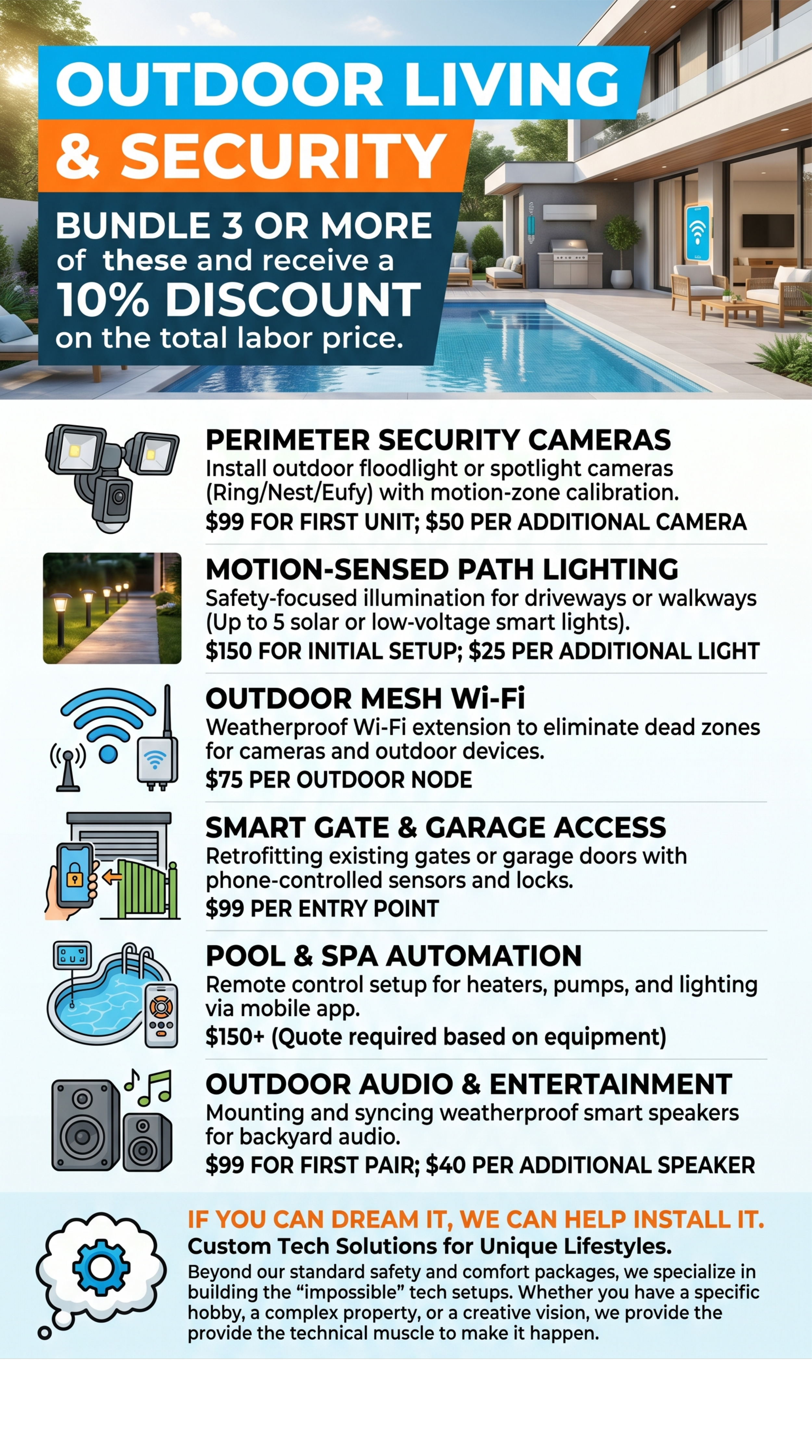 A promotional flyer for outdoor living and security product bundle deals, featuring a modern house with a pool, outdoor furniture, and security cameras.