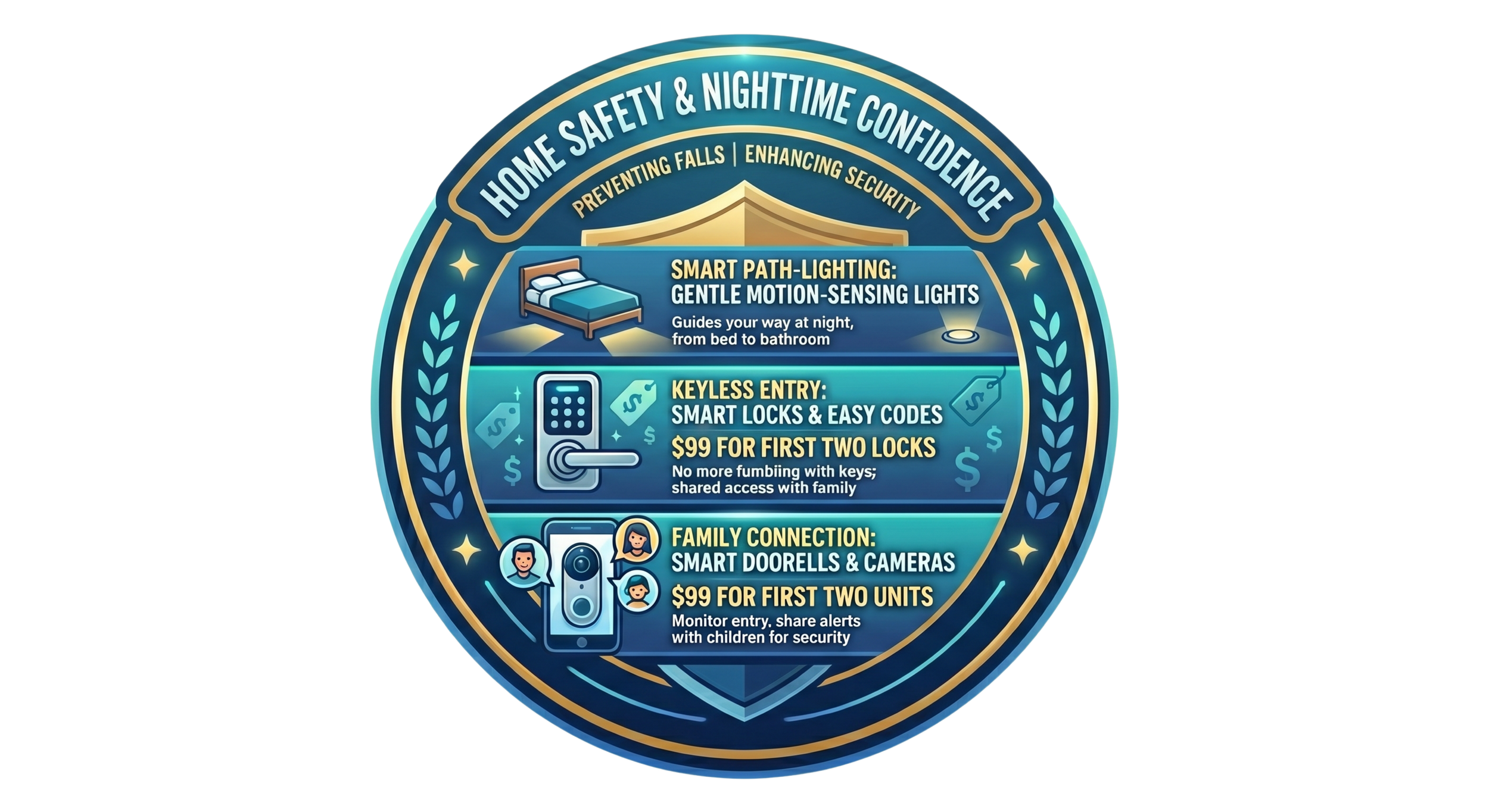 Circular infographic promoting home security products including smart motion-sensing lights, keyless locks with easy codes, family-connected smart doorbells and cameras, with pricing details for first-time buyers.