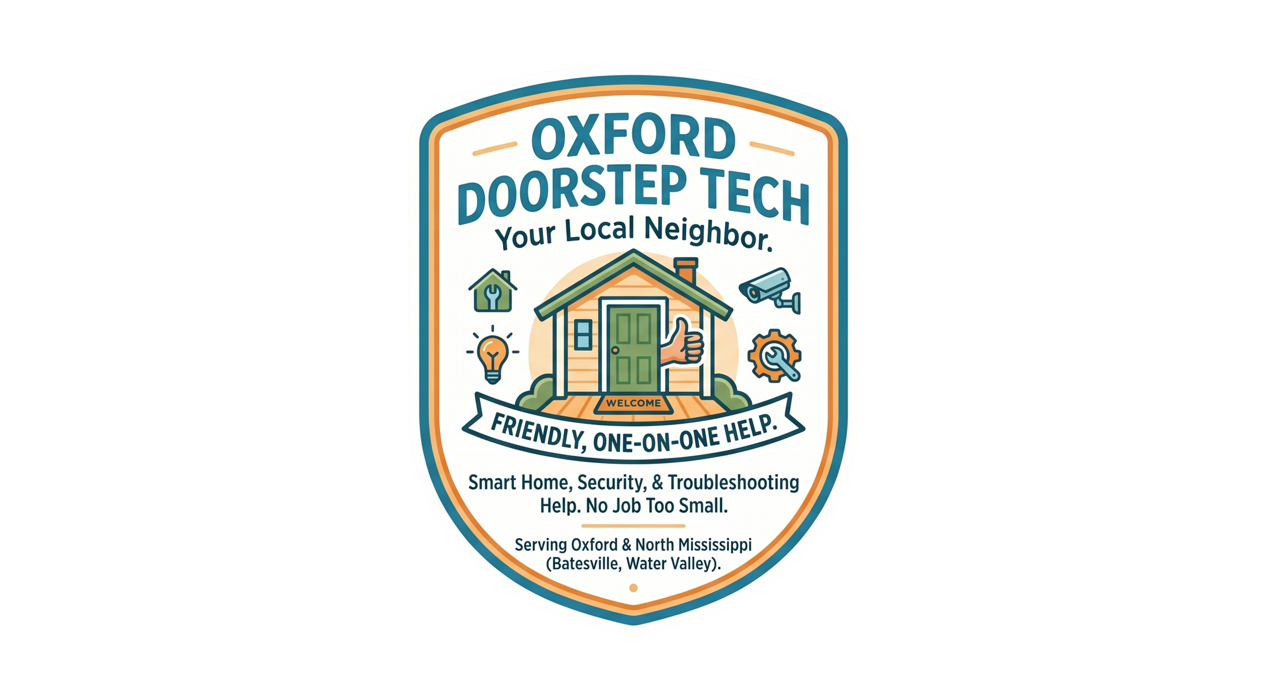 Logo for Oxford Doorstep Tech featuring a house with a hand giving a thumbs-up, surrounded by icons for tools, security camera, light bulb, and gear. Text highlights friendly, one-on-one help for smart home, security, and troubleshooting services serving Oxford and North Mississippi.
