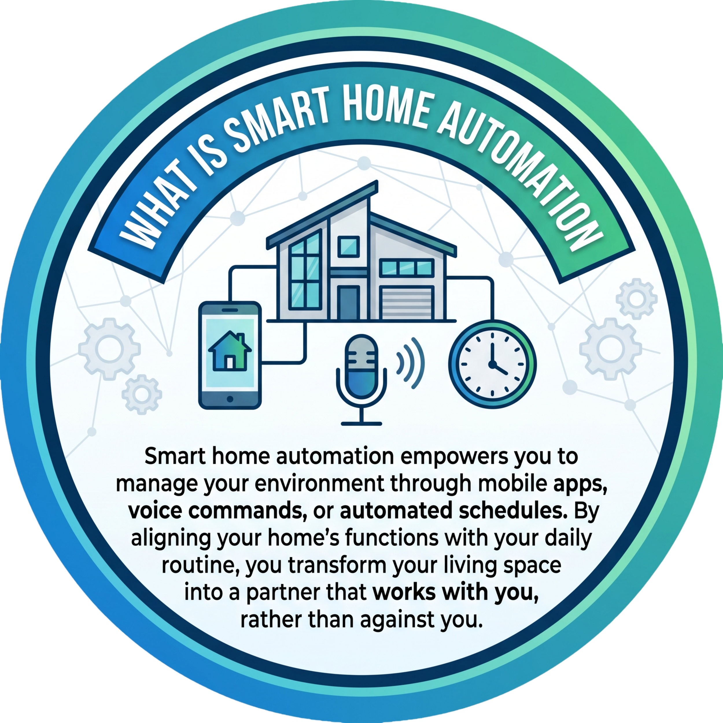 A digital illustration featuring a house connected to mobile devices and voice commands, symbolizing smart home automation, with a circular border containing the phrase "What is smart home automation" and a paragraph explaining smart home automation benefits.