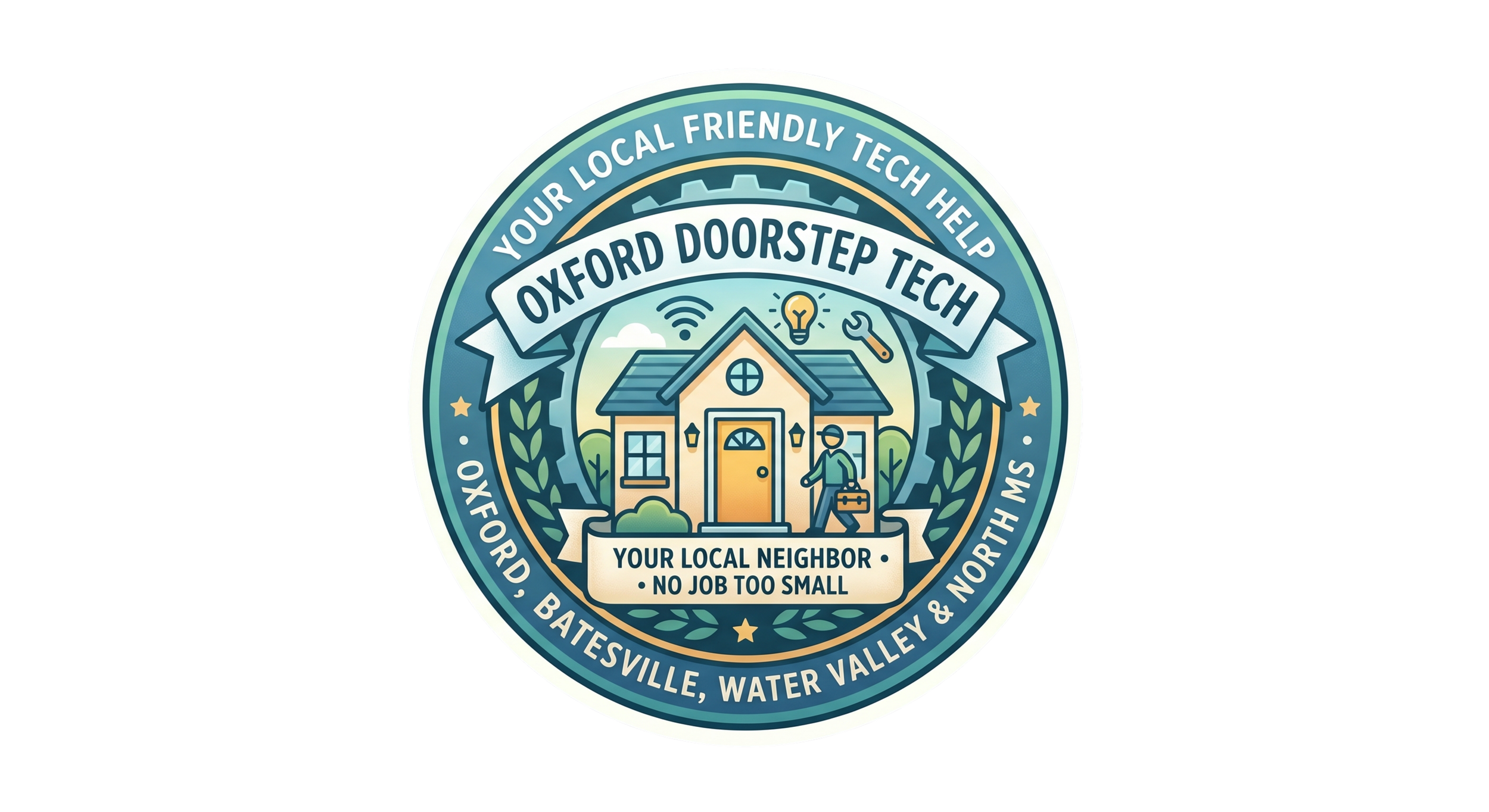 A circular badge with text and graphics promoting local help and tech support for neighborhoods. Features a house with a person carrying a toolbox, surrounded by leaves, gears, lightbulb, and Wi-Fi symbols. Text includes 'Your Local Friendly Tech Help,' 'Oxford Doorstep Tech,' 'Your Local Neighbor,' and 'No Job Too Small.'