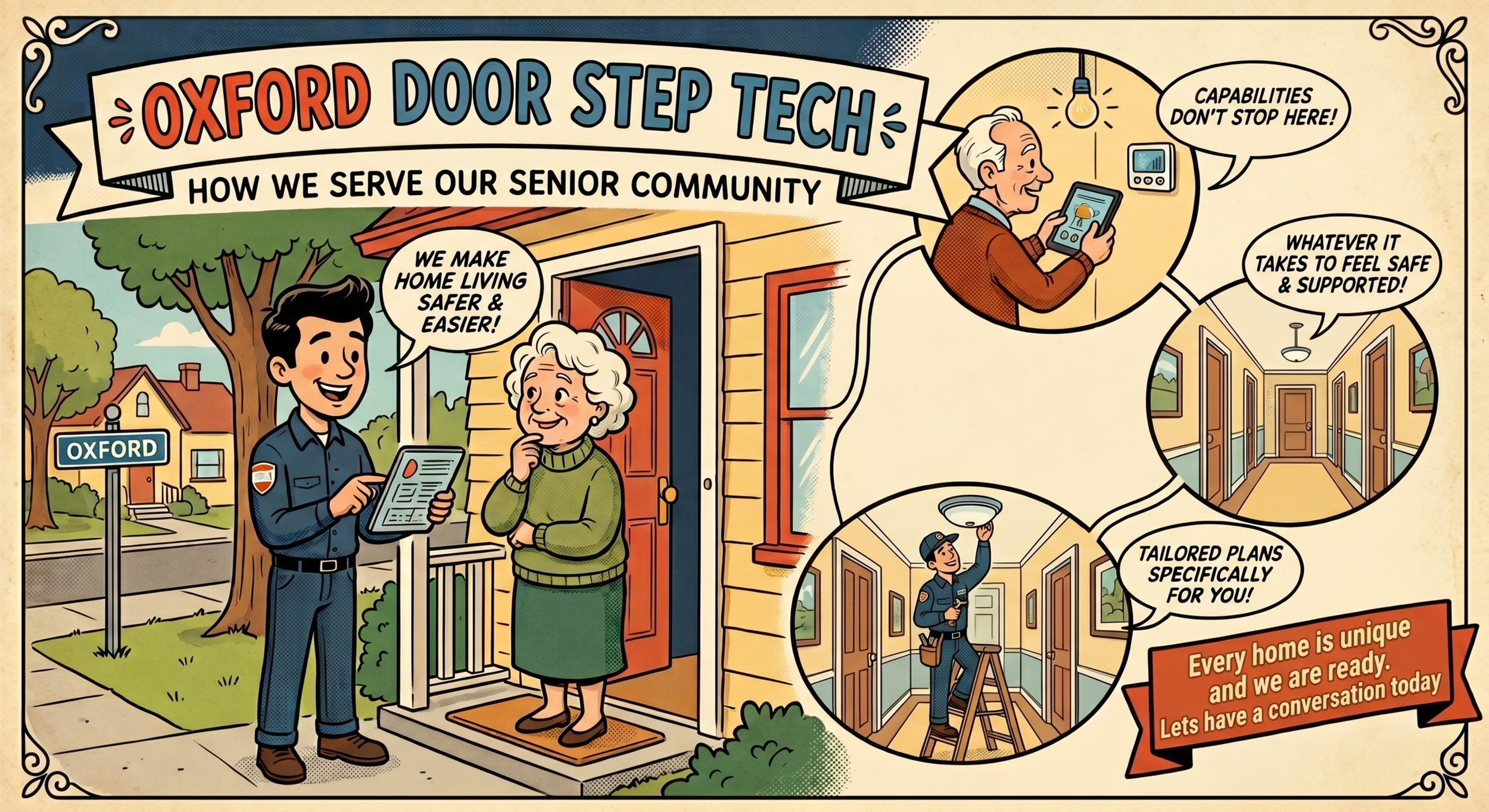 Colorful illustration showcasing Oxford Door Step Tech service. Features a young technician holding a tablet, speaking with a senior woman at her front door, with speech bubbles highlighting home safety and tailored plans. The background includes a suburban neighborhood and an inset of an interior hallway with a friendly police officer.