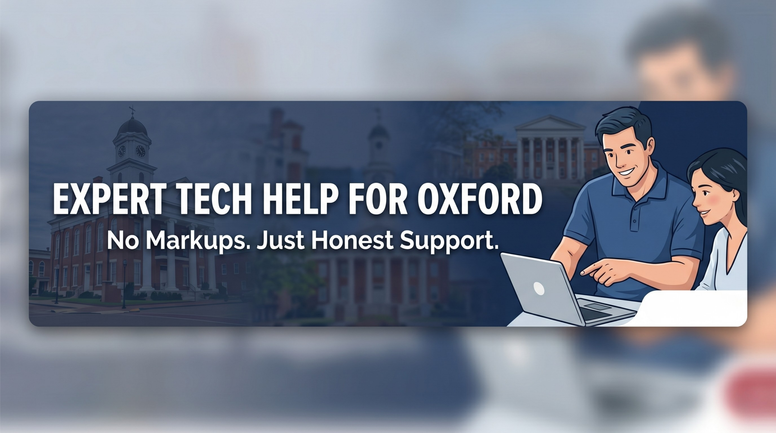 Illustration of a man and woman sitting at a laptop, smiling, promoting expert tech help for Oxford with the message: 'No Markups. Just Honest Support.' against a background of historic buildings.