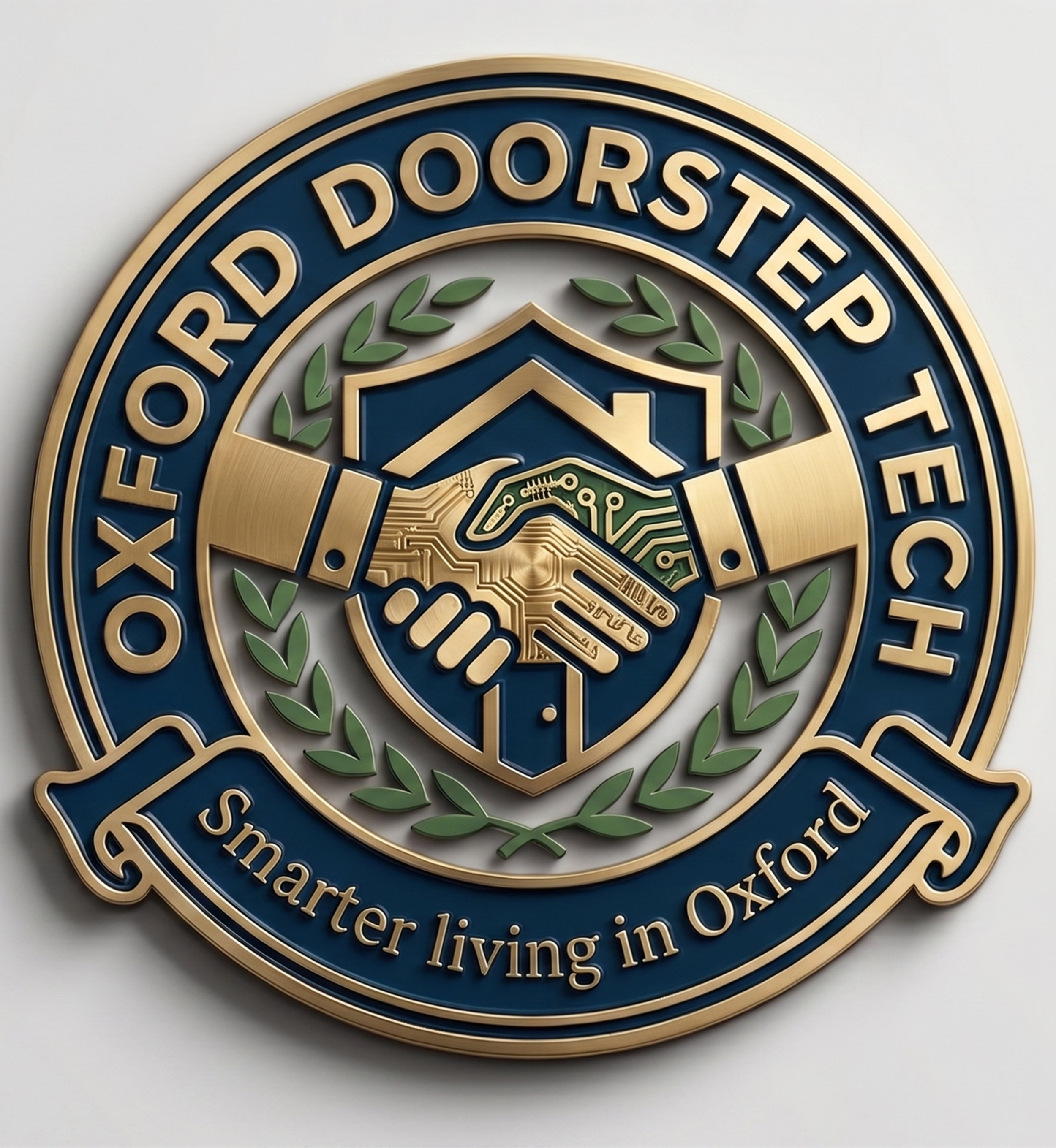 Close-up of a round sign with a blue background, gold border, and gold text reading "OXFORD DOORS."
The sign features a gold shield emblem at the center, surrounded by green laurel leaves. The text around the shield includes the words "oxford doors" and "living in oxford," indicating a company related to doors and living spaces in Oxford.