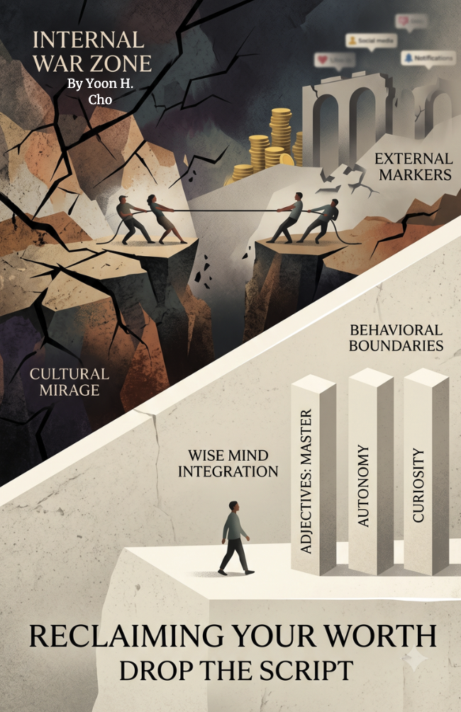 Book cover titled "Internal War Zone" by Yoon H. Cho, depicting a metaphorical battle scene. Two groups pull on a rope across a chasm, symbolizing internal conflict. The background shows broken barriers, social media icons, and stacks of coins, representing external markers. The lower section features a person walking past pillars labeled "Wise Mind Integration," "Adjective's Master," "Autonomy," and "Curiosity," signifying behavioral boundaries. The subtitle reads "Reclaiming Your Worth Drop the Script."