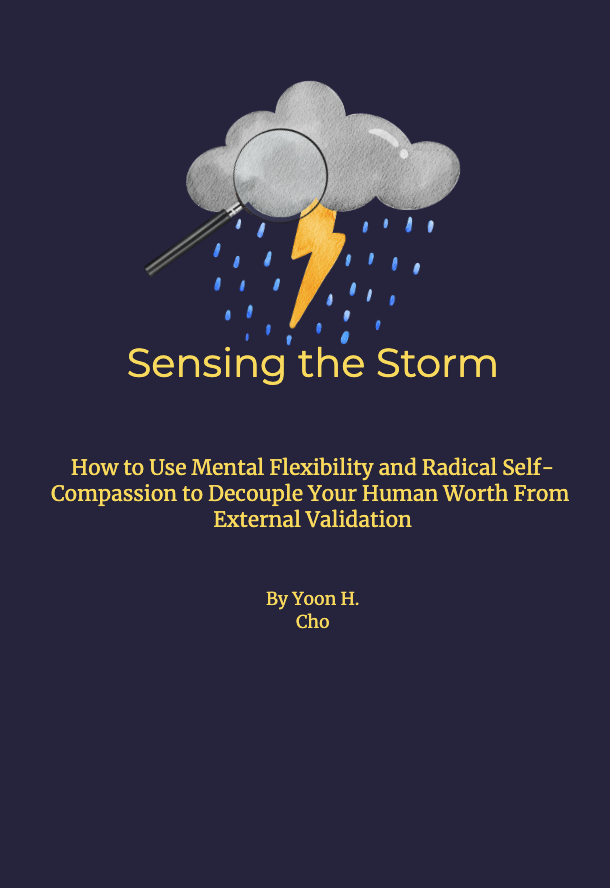 Book cover titled 'Sensing the Storm' with a cloud, a magnifying glass, a lightning bolt, and raindrops illustration.
