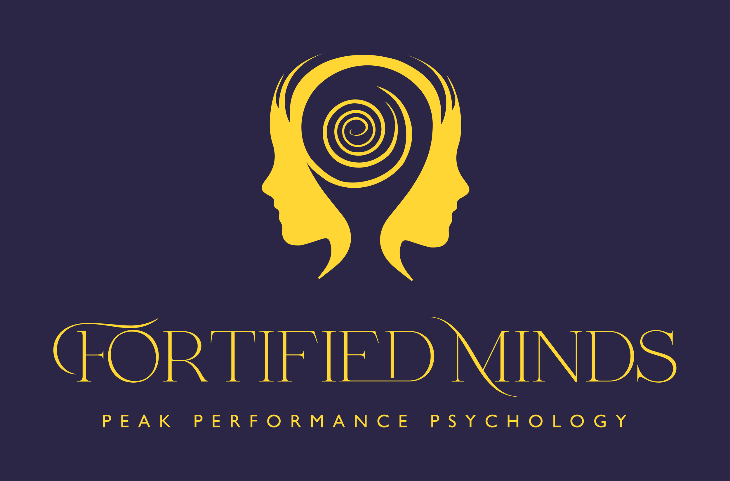 Logo for 'Fortifieds Minds', featuring two yellow human profiles facing away from other with a spiral brain design in the middle, on a dark background. Text reads: 'Fortified Minds', with a tagline below: 'Peak Performance Psychology'.