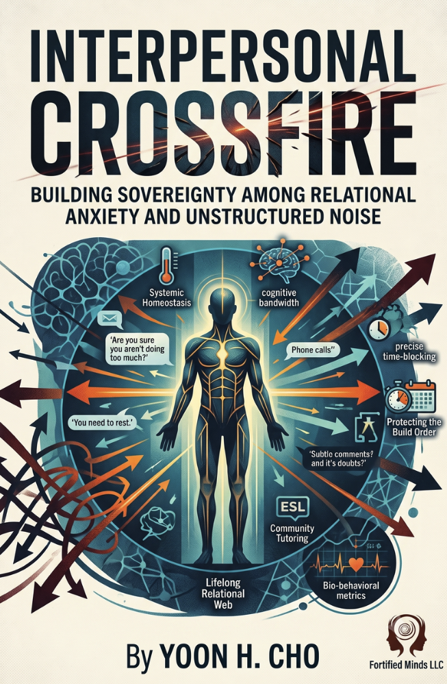 Book cover titled 'Interpersonal Crossfire' by Yoon H. Cho, featuring a human silhouette surrounded by icons representing the mind and emotions, with arrows indicating various psychological and interpersonal factors.
