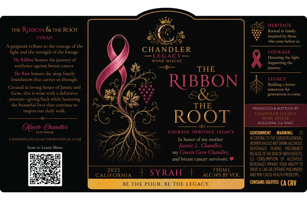 Wine label for Chandler Legacy Wine House featuring a pink ribbon and grapevine design, honoring breast cancer survivors, with details about the wine, production, and health warnings.