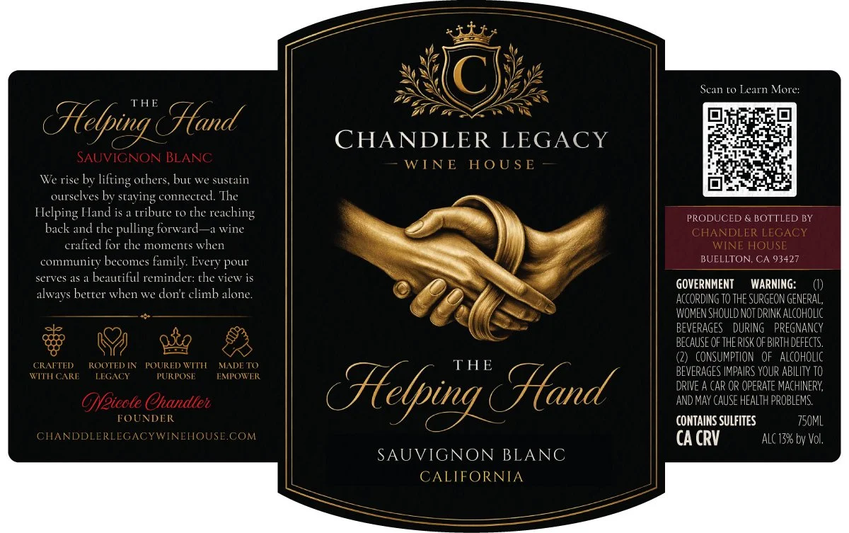 Wine label for Chandler Legacy Wine House featuring The Helping Hand Sauvignon Blanc, with a black background, gold handshake graphic, QR code, and government warning, producer information, and tasting notes.