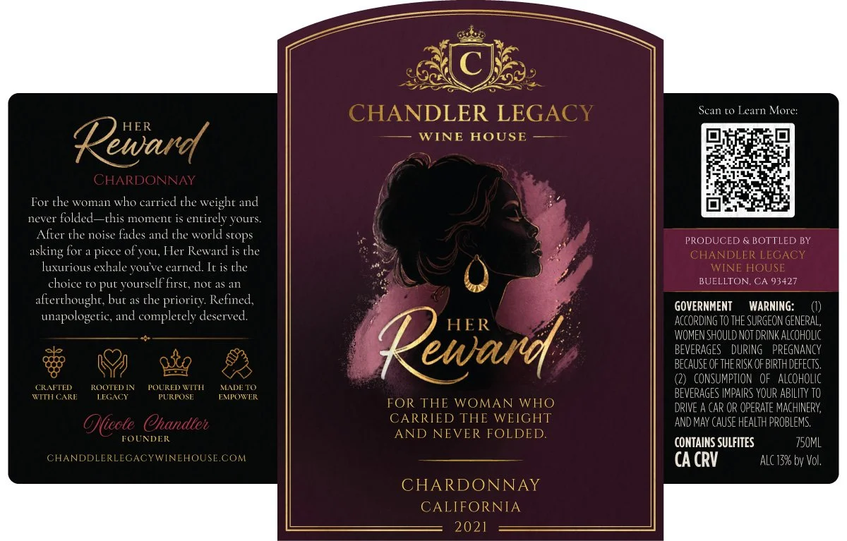 Wine label for Chandler Legacy Chardonnay featuring a silhouette of a woman with an updo hairstyle, gold accents, and decorative elements.