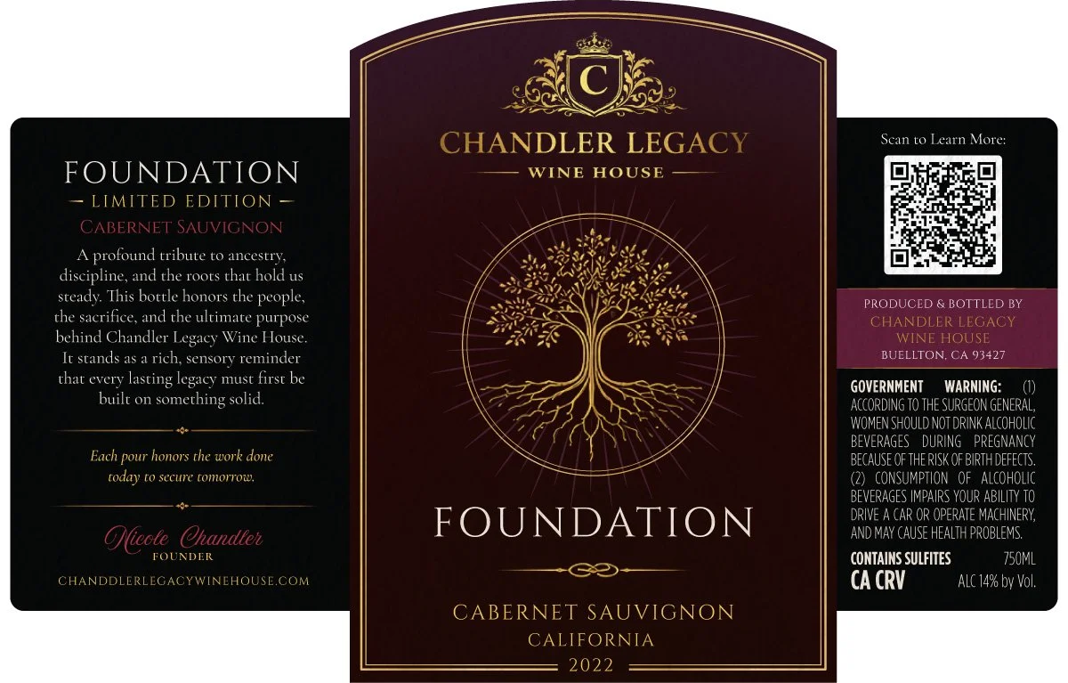 Chandler Legacy Cabernet Sauvignon wine label with a gold tree emblem, and text including 'Foundation,' 'Limited Edition,' 'California,' and '2022', black and gold color scheme, QR code, and government warning.