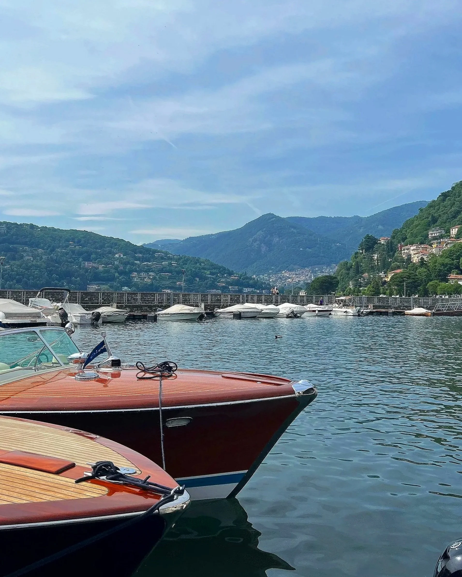 Boats docked at a marina with mountains and houses in the background on a sunny day.