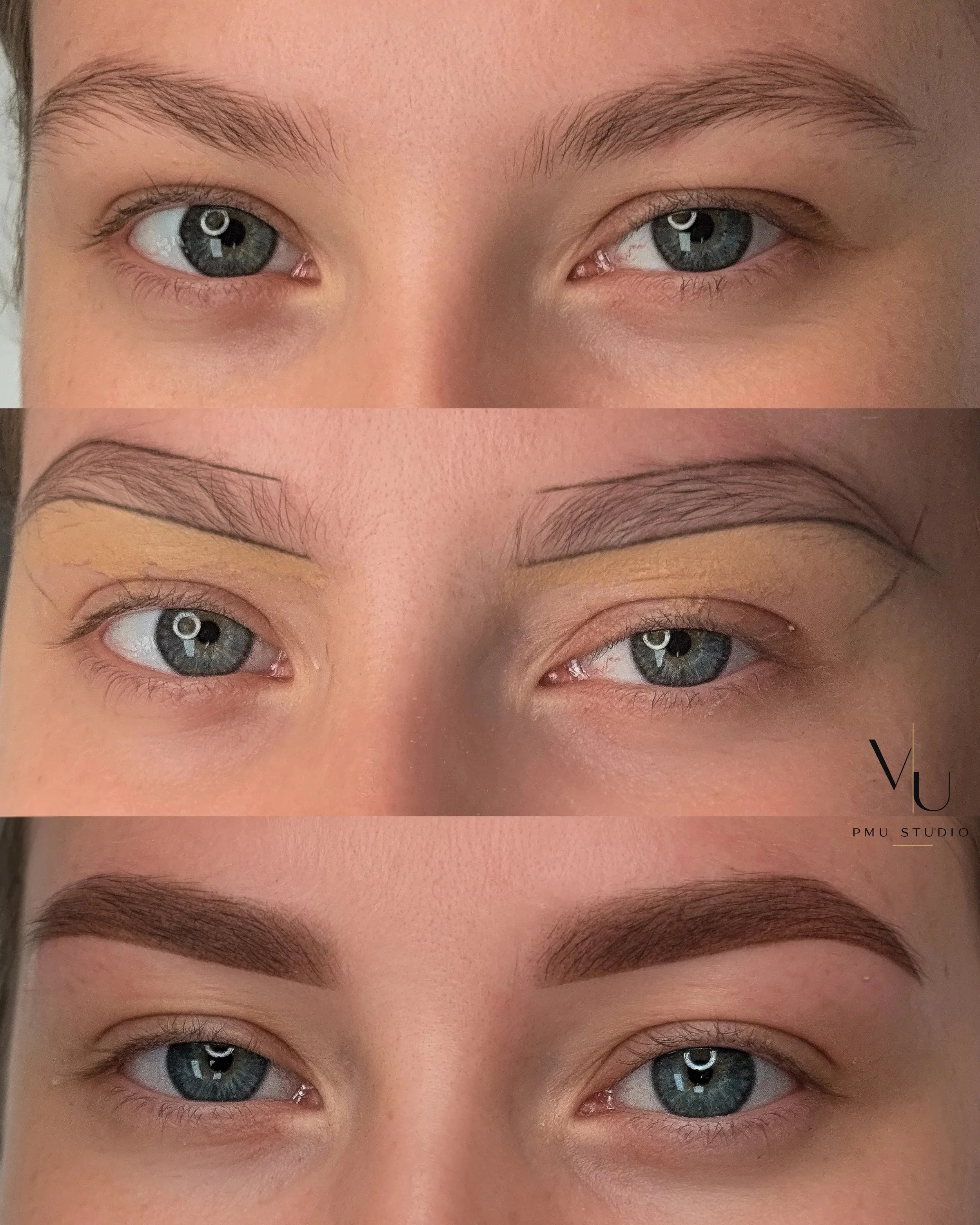 Close-up of two sets of human eyes with natural makeup and eyebrows, arranged vertically in the image.